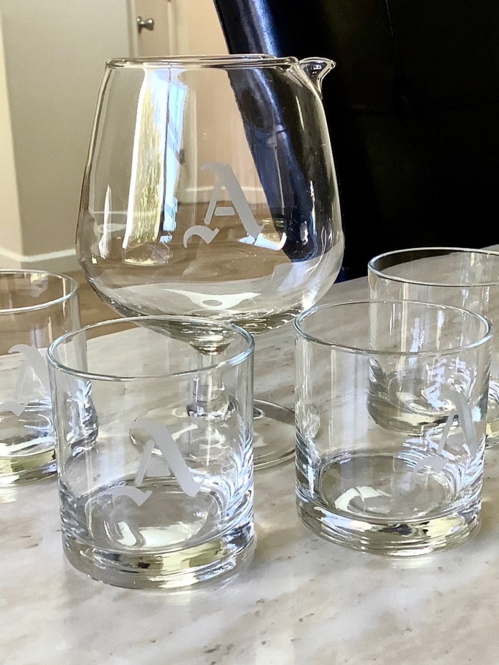 Vintage Clear Glass Etched Brandy Snifter and Tumbler Set | Monogrammed “A”